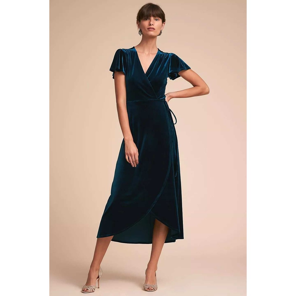 BHLDN Thrive Green Teal Velvet Flutter Sleeve Midi Wrap Dress size XS